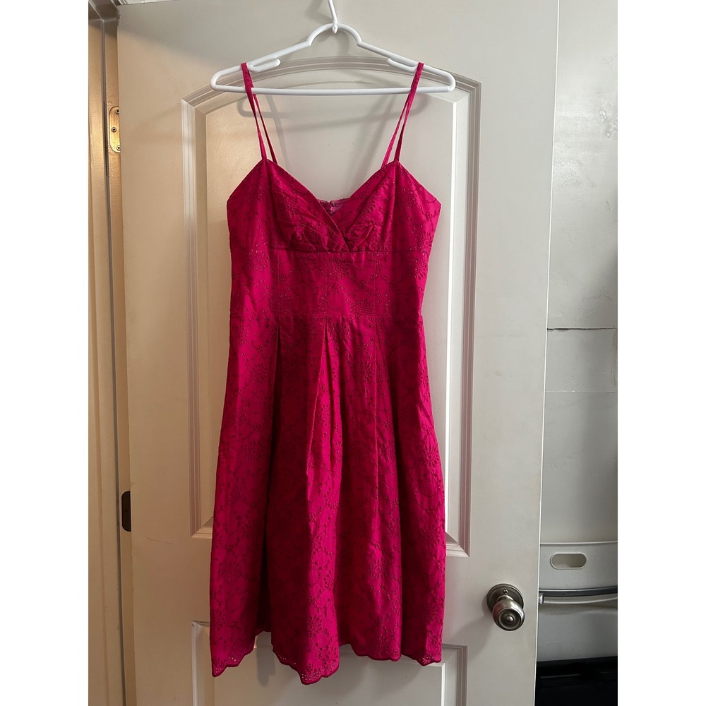 Lilly Pulitzer Pink Cotton Eyelet Lace Fit Flare Dress V-Neck Scalloped Hem 8